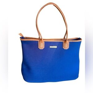 Joy Mangano Travel Trolley Strap Tote Bag - Blue with Brown Trim